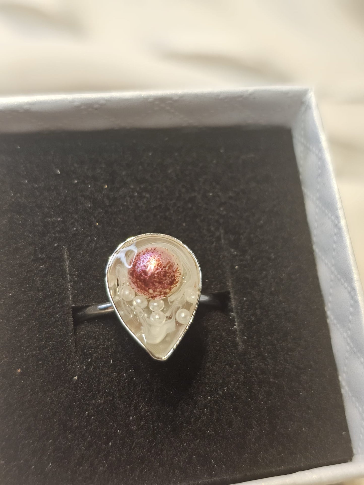 Handmade Teardrop Resin Ring with Iridescent Sphere & Pearls – One Size Adjustable Ring