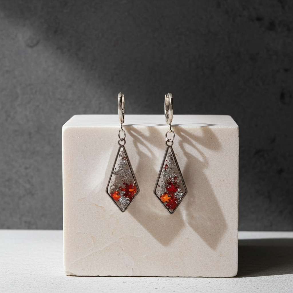 Handmade – Autumn Flame Resin Earrings (silver-plated hoops)