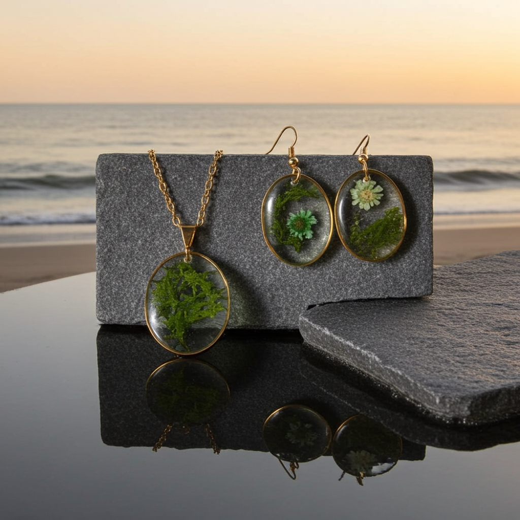 Handmade – Emerald Meadow Resin Jewellery Set (Necklace & Earring)