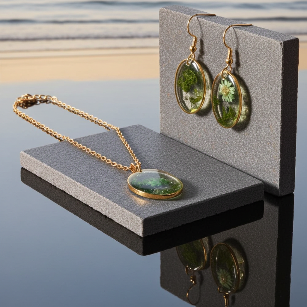 Handmade – Emerald Meadow Resin Jewellery Set (Necklace & Earring)