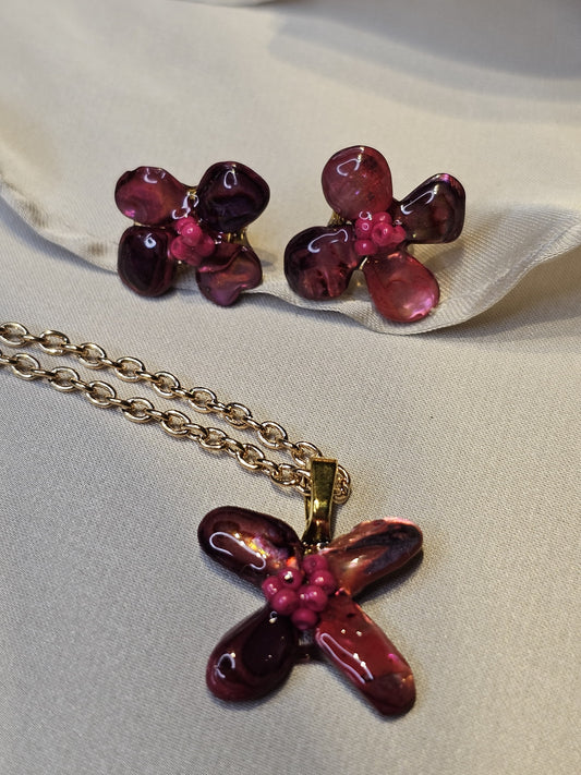 Burgundy Bloom Resin Jewellery Set – Handcrafted Necklace & Earrings | Resin & Root