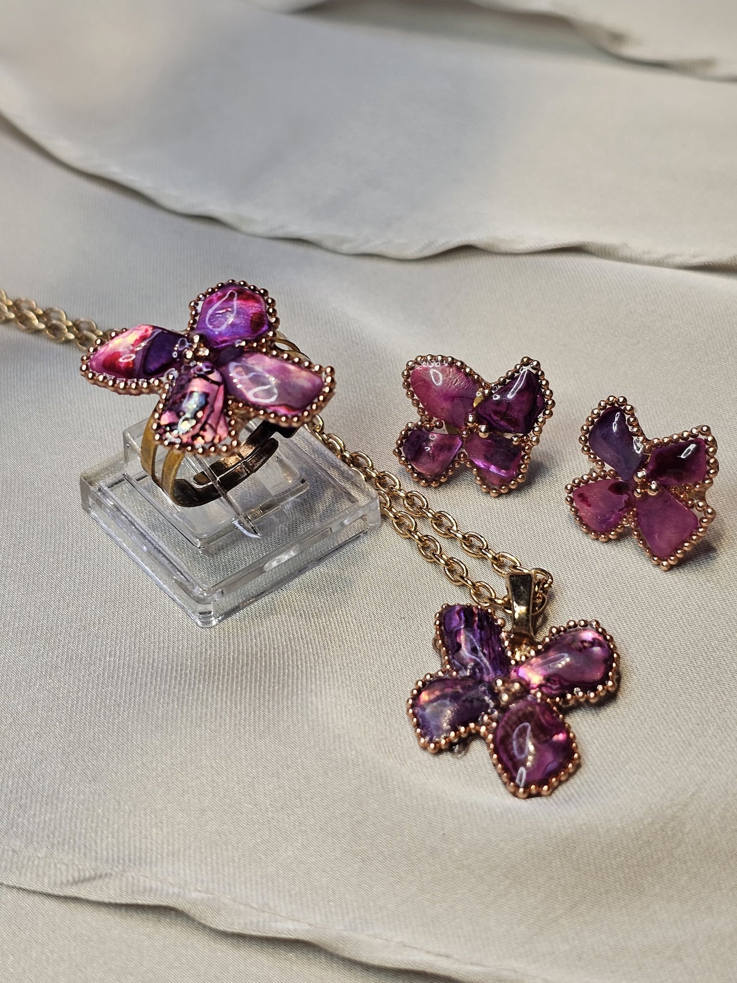 Purple Bloom Butterfly Jewellery Set – Necklace, Earrings & Ring (One Size -Adjustable)