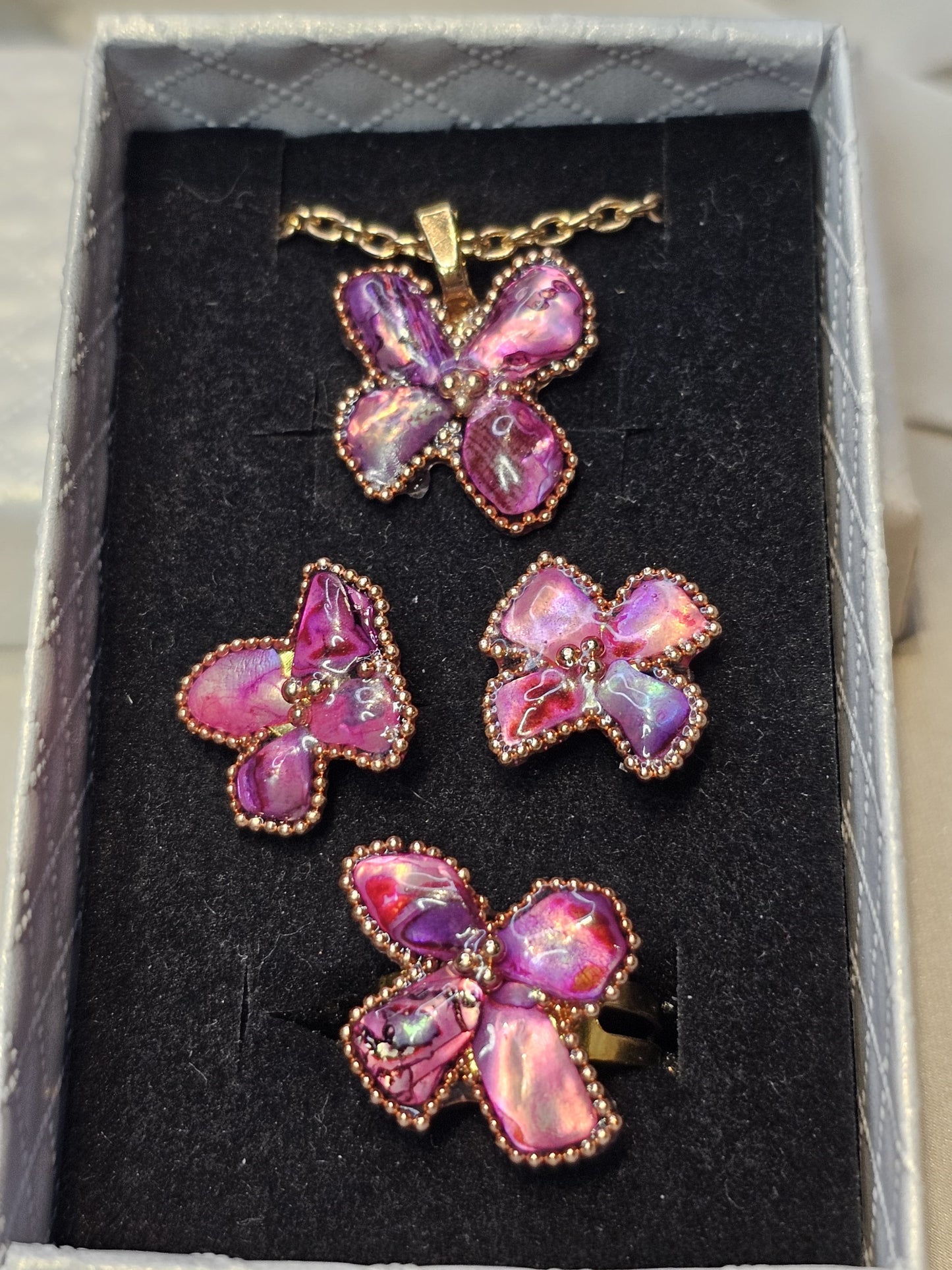 Purple Bloom Butterfly Jewellery Set – Necklace, Earrings & Ring (One Size -Adjustable)