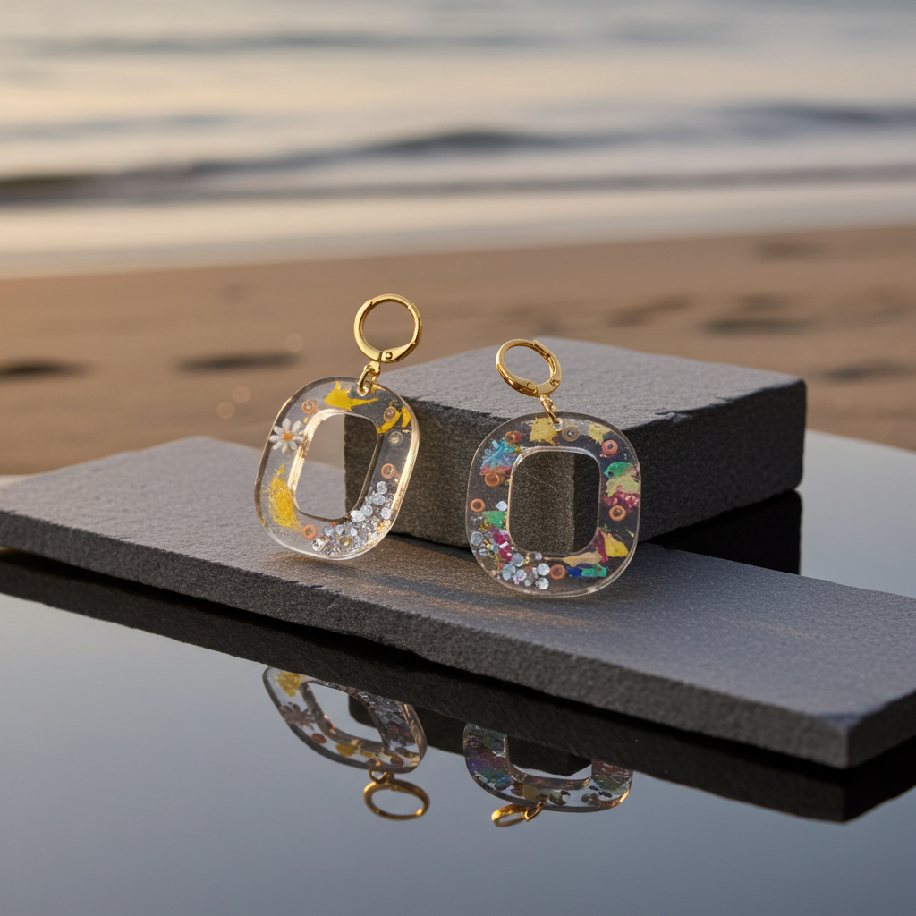 Silver-Plated Daisy Oval Earrings – Resin with Glitter and Floral Accents