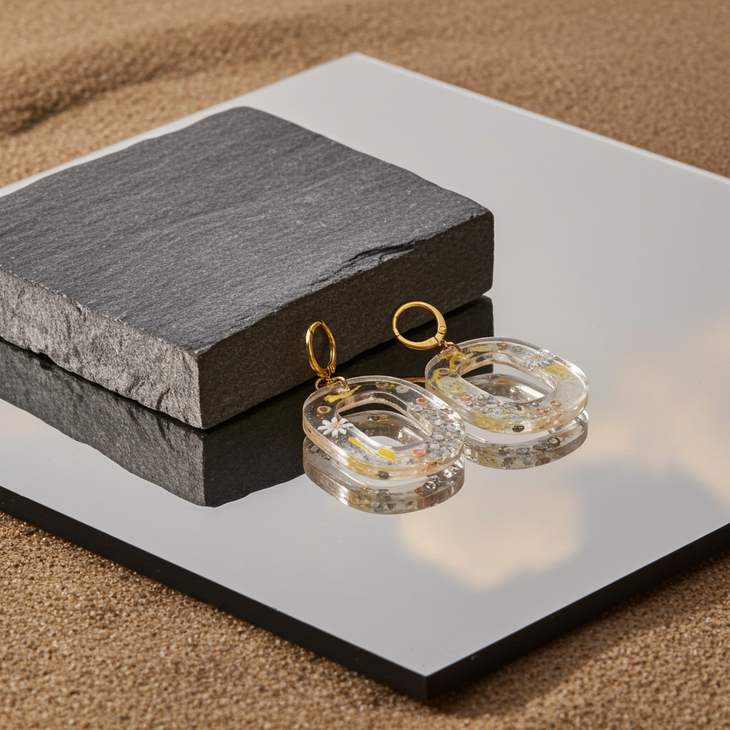 Silver-Plated Daisy Oval Earrings – Resin with Glitter and Floral Accents