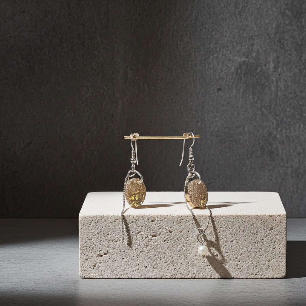 Golden Spark Dangle Earrings | Asymmetrical Design with Chain & Pearl | ResinDre