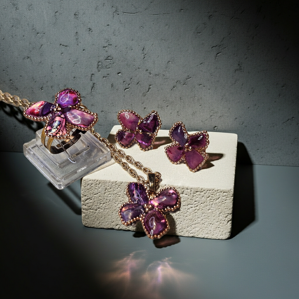 Purple Bloom Butterfly Jewellery Set – Necklace, Earrings & Ring (One Size -Adjustable)