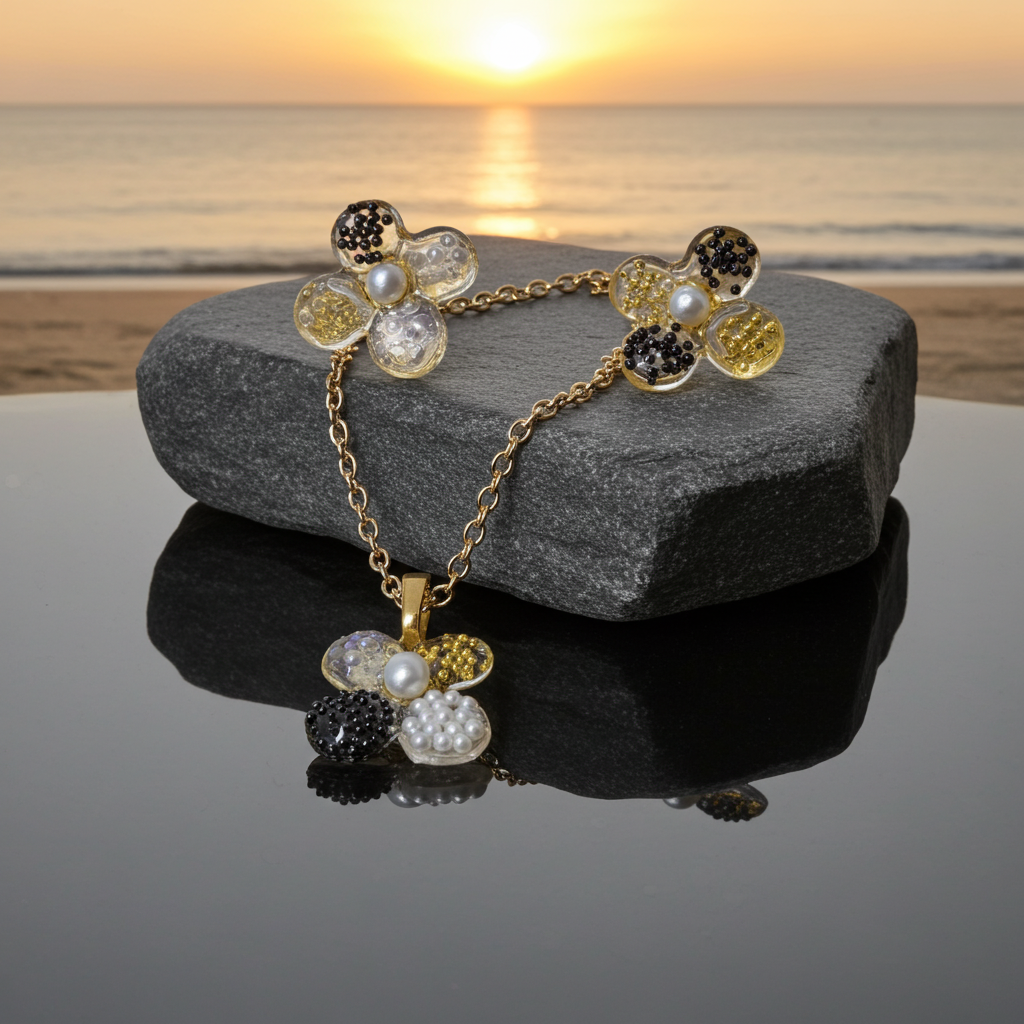 Handmade Pearl & Gold Floral Resin Necklace & Earrings Set | Resin & Root