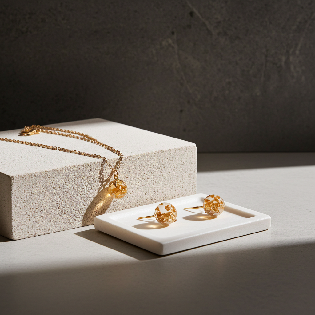 Golden Glow Orb Set – Silver-Plated Resin Necklace & Earrings