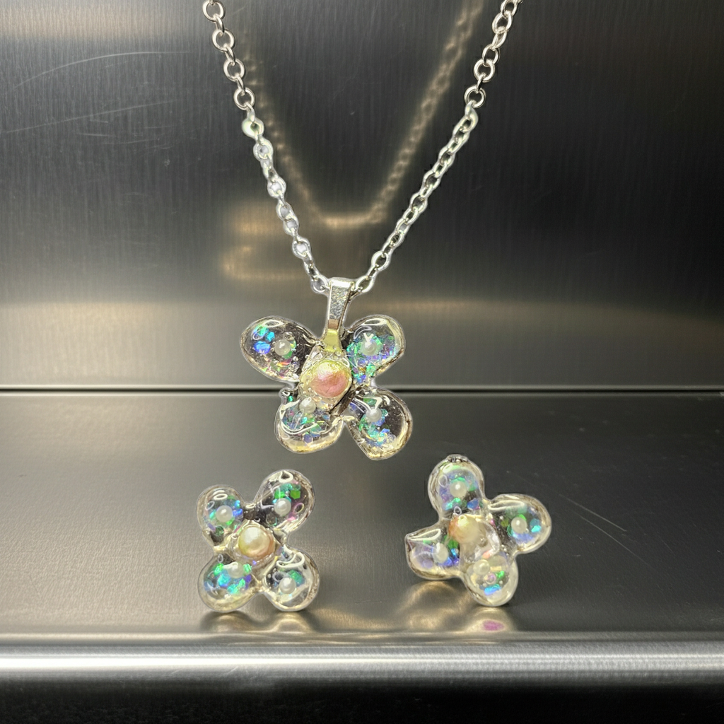Handmade Crystal Floral Resin Necklace & Earrings Set | Resin & Root