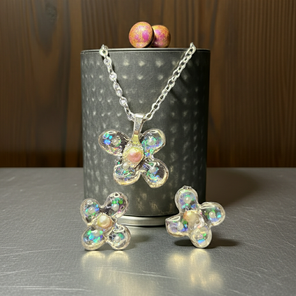 Handmade Crystal Floral Resin Necklace & Earrings Set | Resin & Root