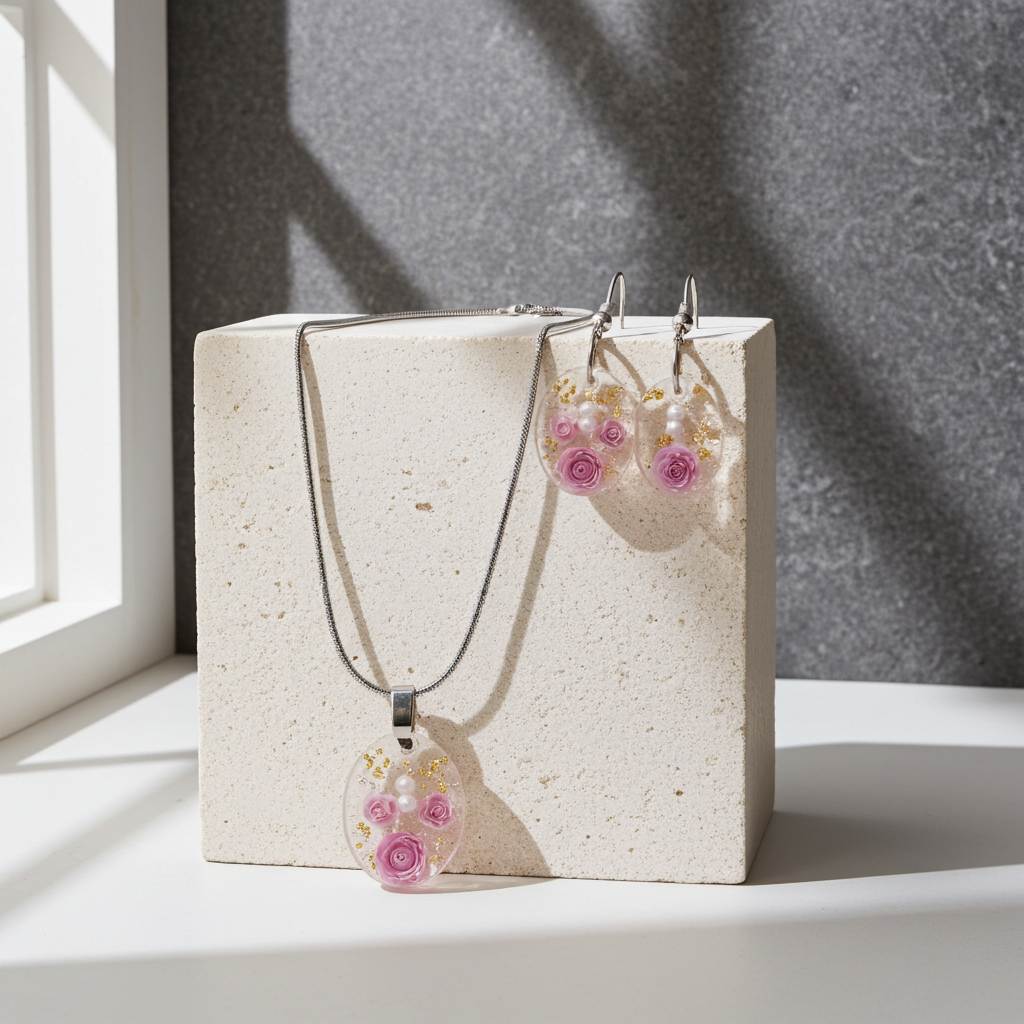 Pink Rose Garden Jewellery Set – Stainless Steel Necklace & Earrings