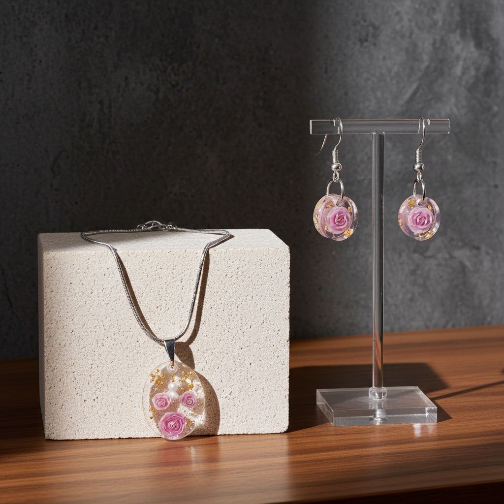 Pink Rose Garden Jewellery Set – Stainless Steel Necklace & Earrings