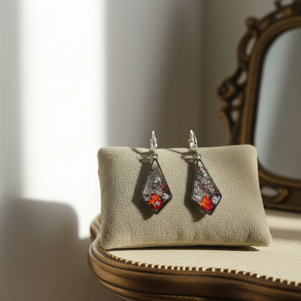 Handmade – Autumn Flame Resin Earrings (silver-plated hoops)