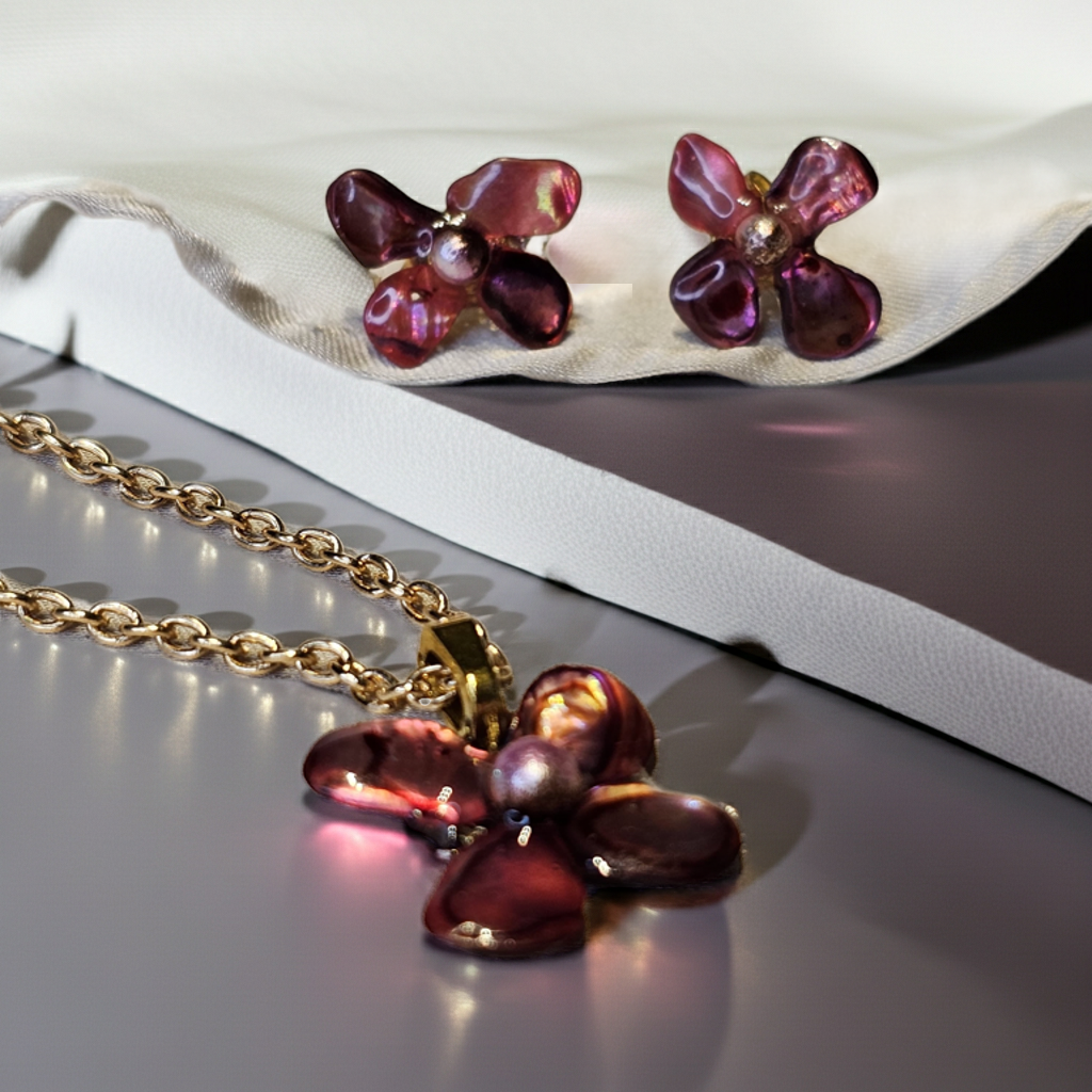 Rose Amethyst Bloom Resin Jewellery Set – Handcrafted Necklace & Earrings | Resin & Root