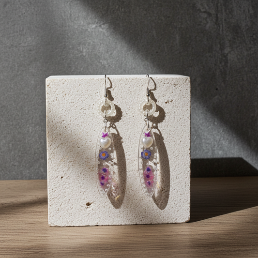 Gentle Floral Resin Earrings – Heart & Pearl Detail