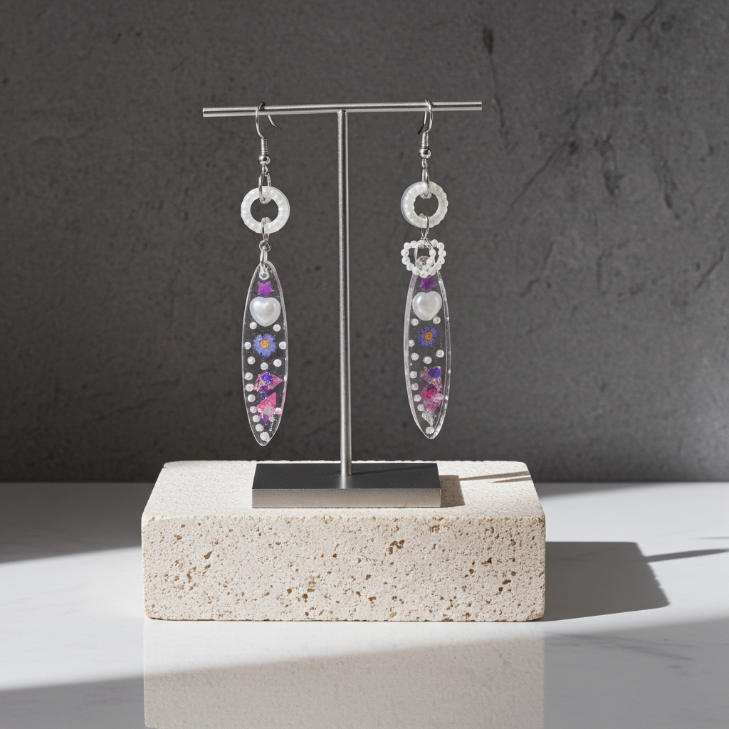 Gentle Floral Resin Earrings – Heart & Pearl Detail