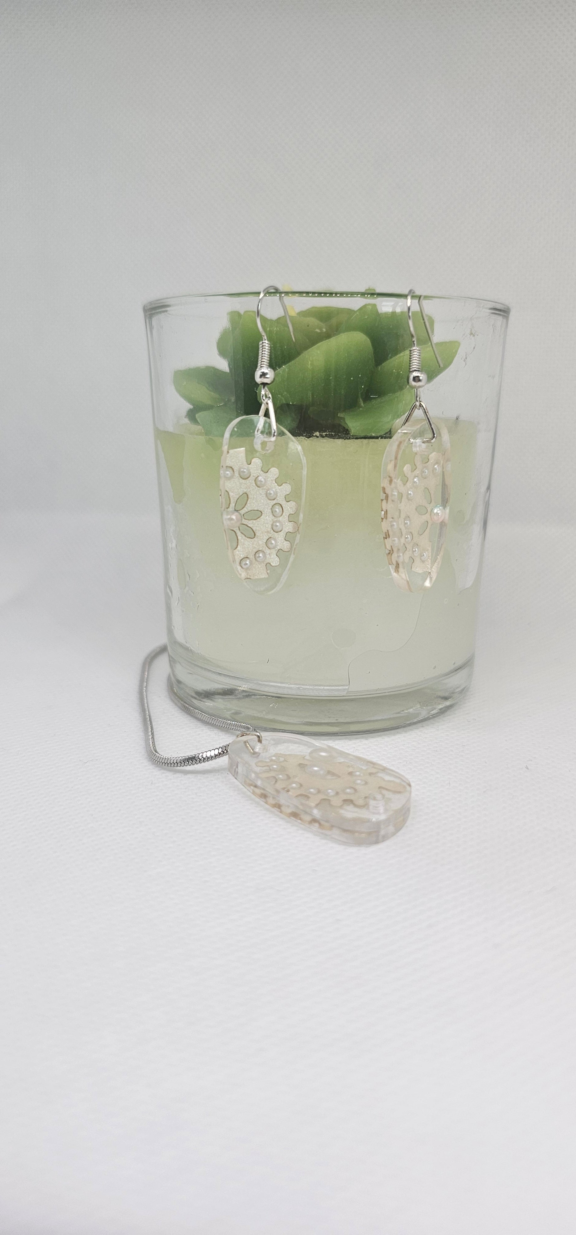 White Lace & Pearl Resin Jewellery Set – Stainless Steel Earrings & Necklace image 0