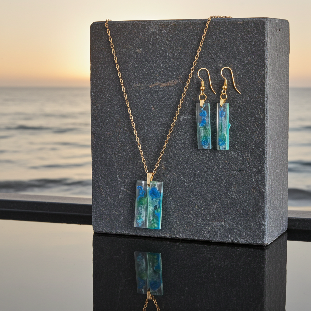 Handmade – Ocean Bloom Resin Jewellery Set (Necklace & Earrings)