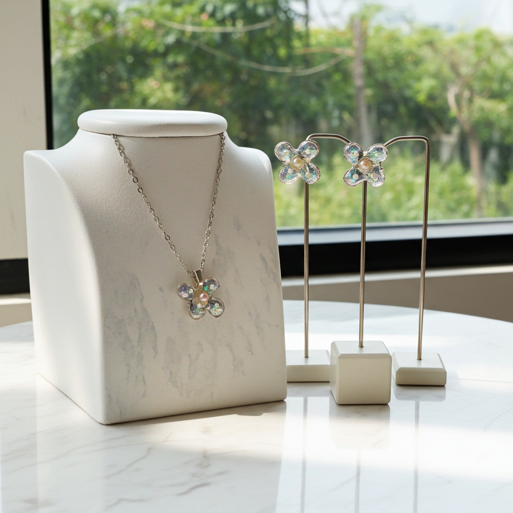 Handmade Crystal Floral Resin Necklace & Earrings Set | Resin & Root