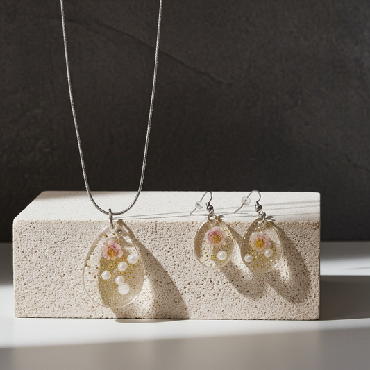 Blossom Raindrop Jewellery Set – Stainless Steel & Resin