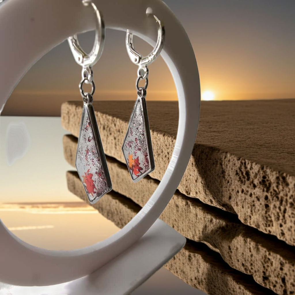 Handmade – Autumn Flame Resin Earrings (silver-plated hoops)