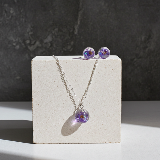 Dreamy Orb Jewellery Set – Purple Floral Resin Necklace & Earrings