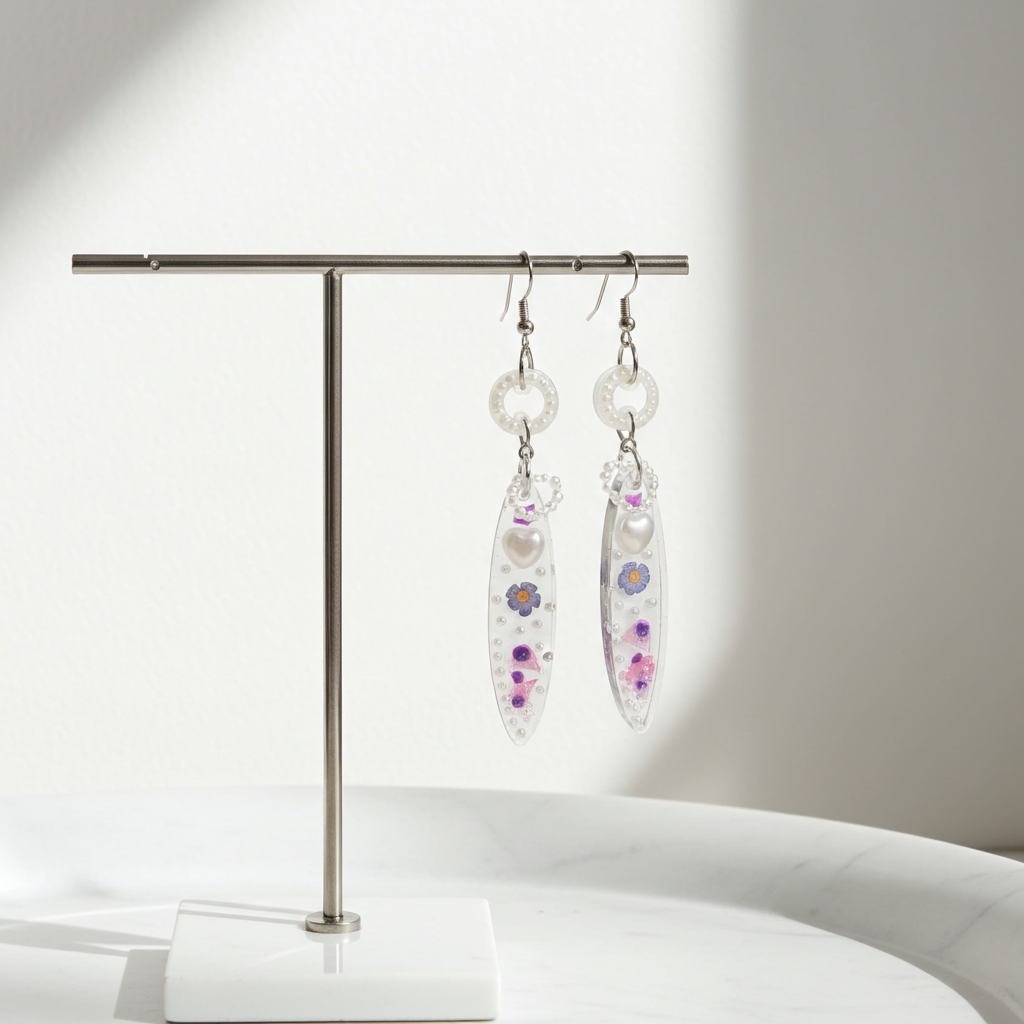 Gentle Floral Resin Earrings – Heart & Pearl Detail