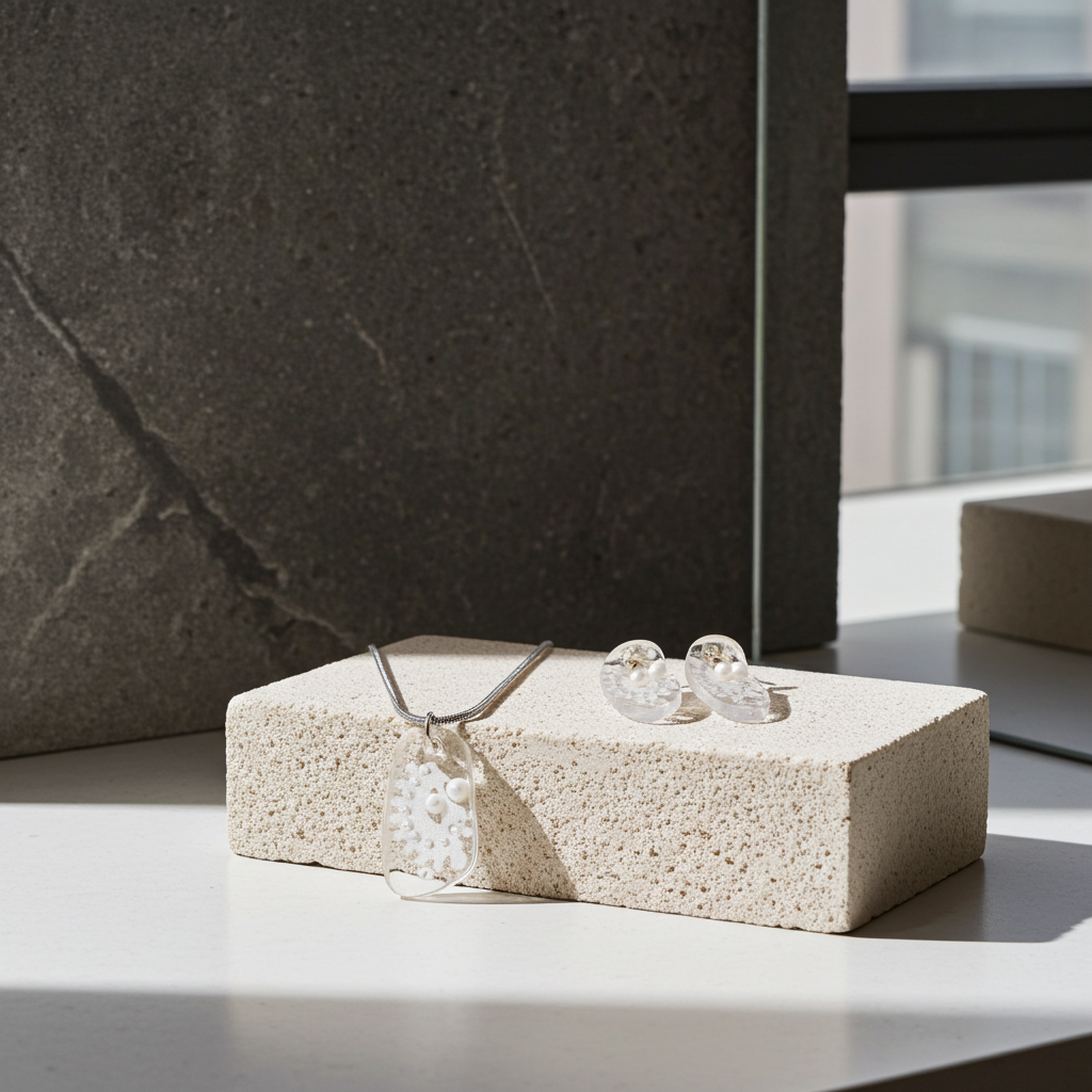 White Lace & Pearl Resin Jewellery Set – Stainless Steel Earrings & Necklace