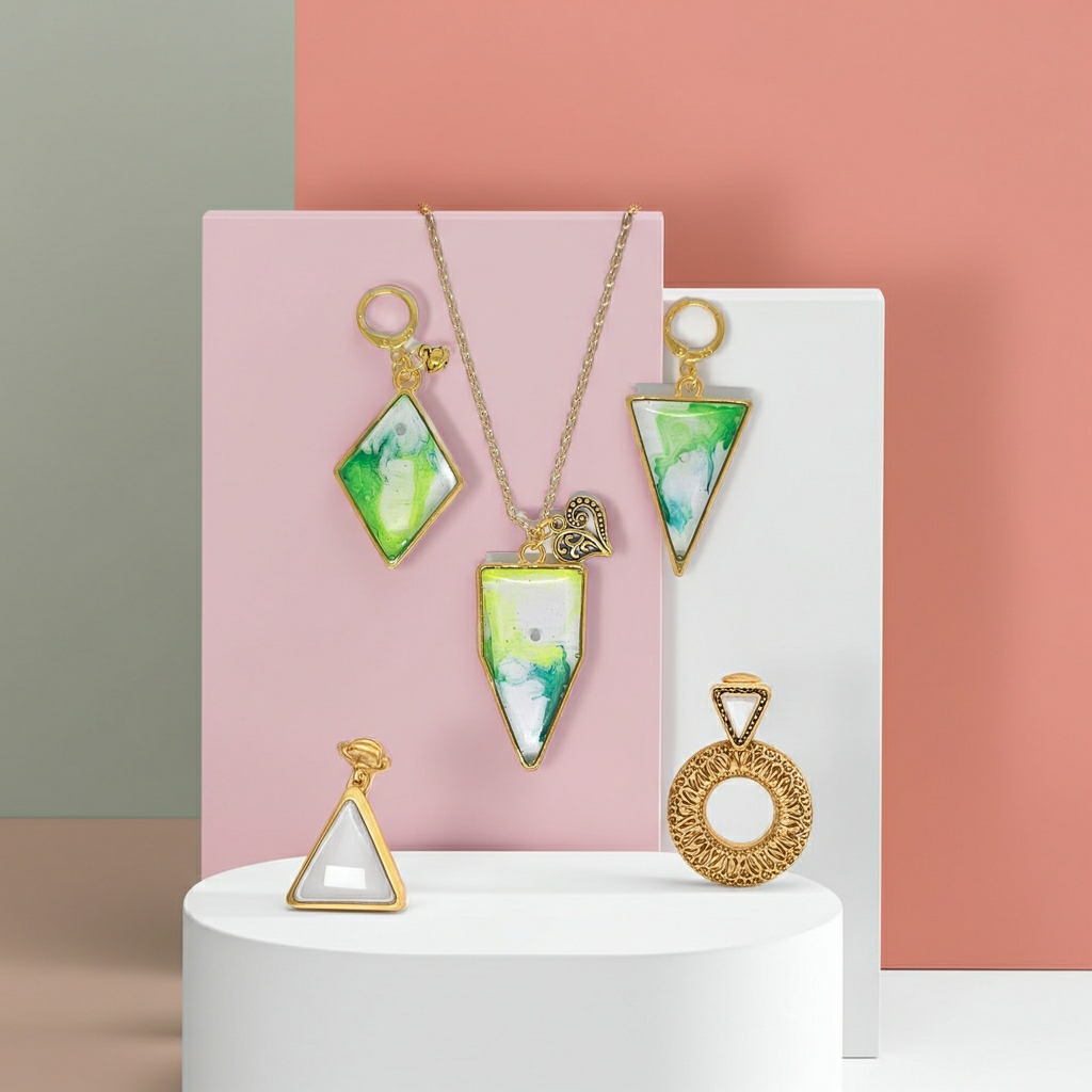 Handmade – Emerald Mist Resin Jewellery Set (Necklace & Earrings)