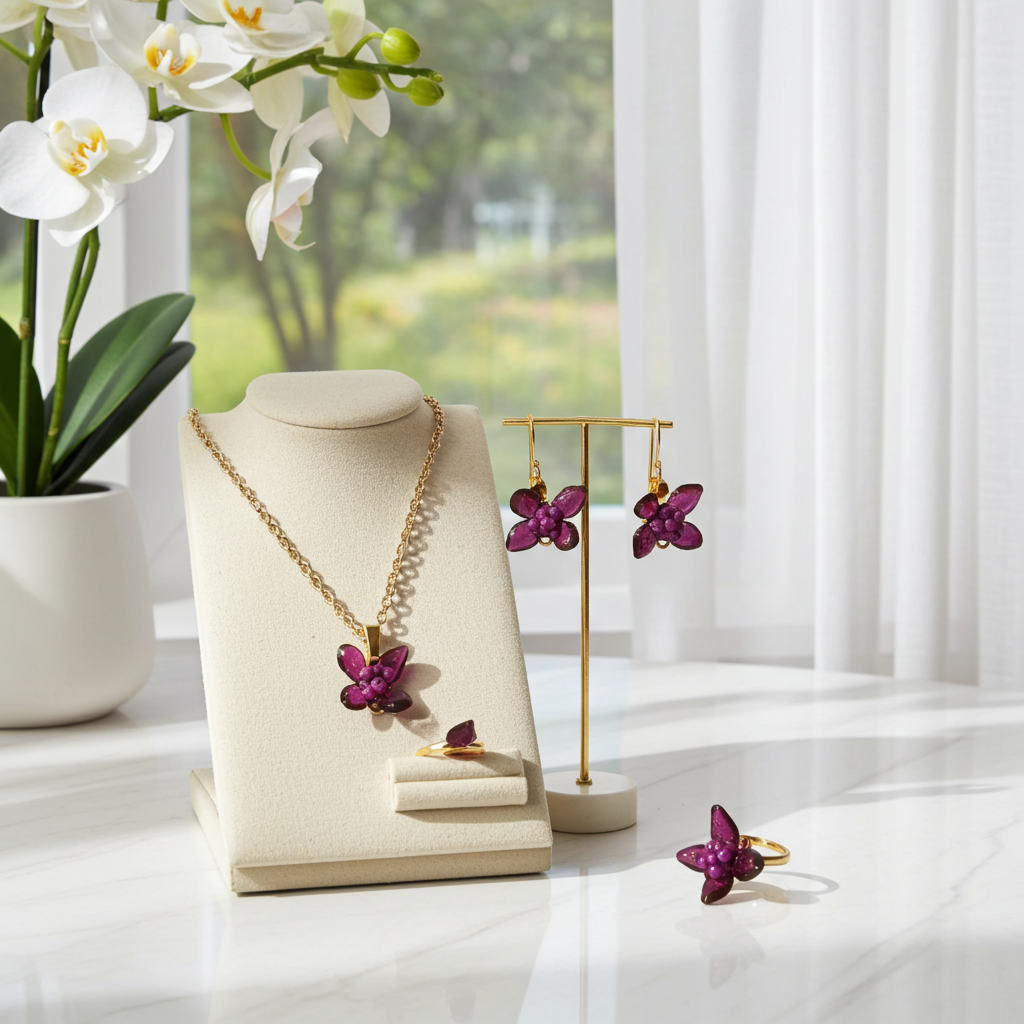 Purple Bloom Resin Jewellery Set – Necklace, Earrings & Ring
