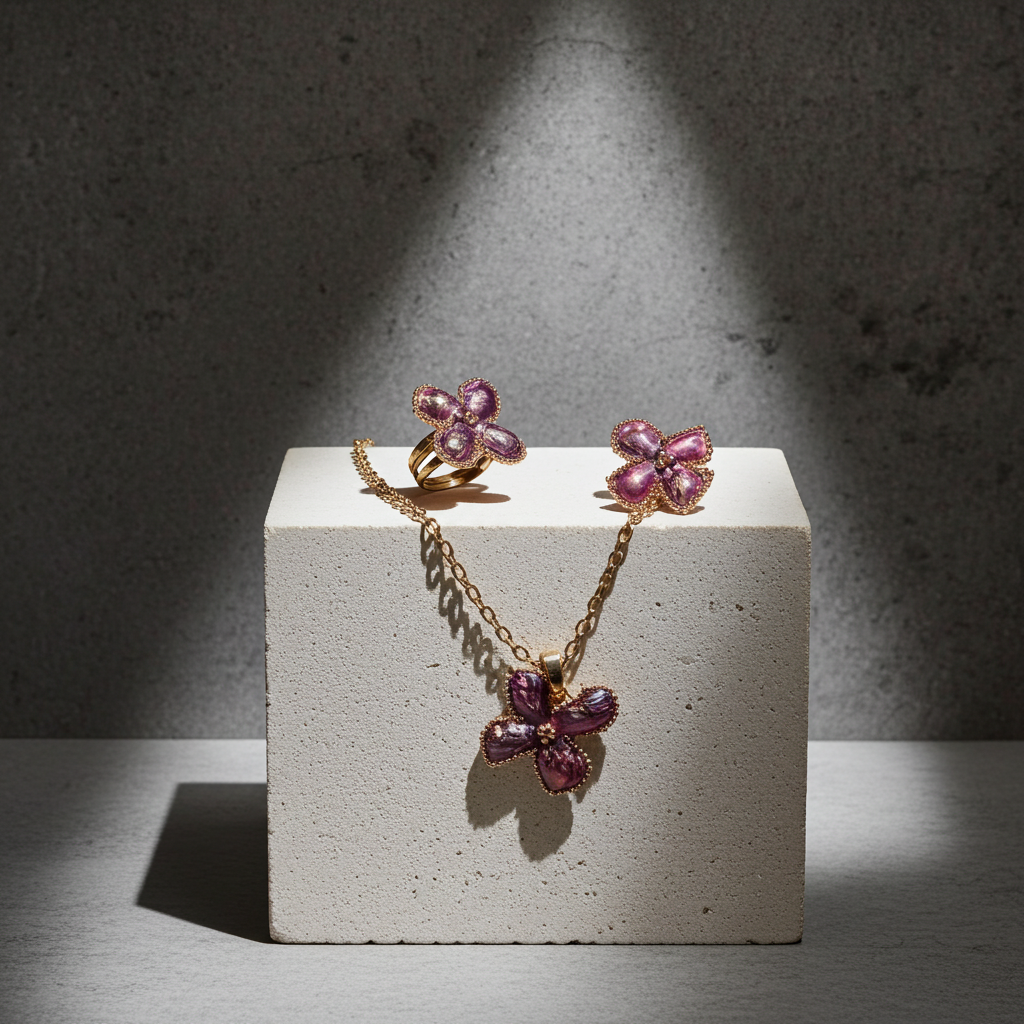 Purple Bloom Butterfly Jewellery Set – Necklace, Earrings & Ring (One Size -Adjustable)