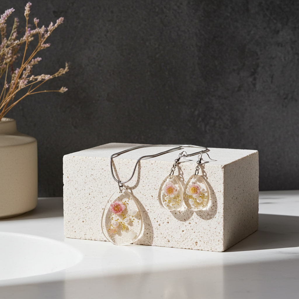 Blossom Raindrop Jewellery Set – Stainless Steel & Resin