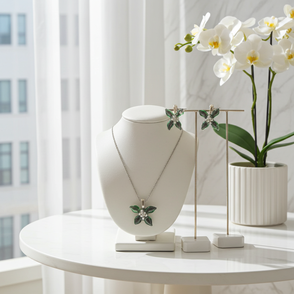 Emerald Bloom Resin Jewellery Set – Handcrafted Necklace, Earrings & Bracelet | Resin & Root