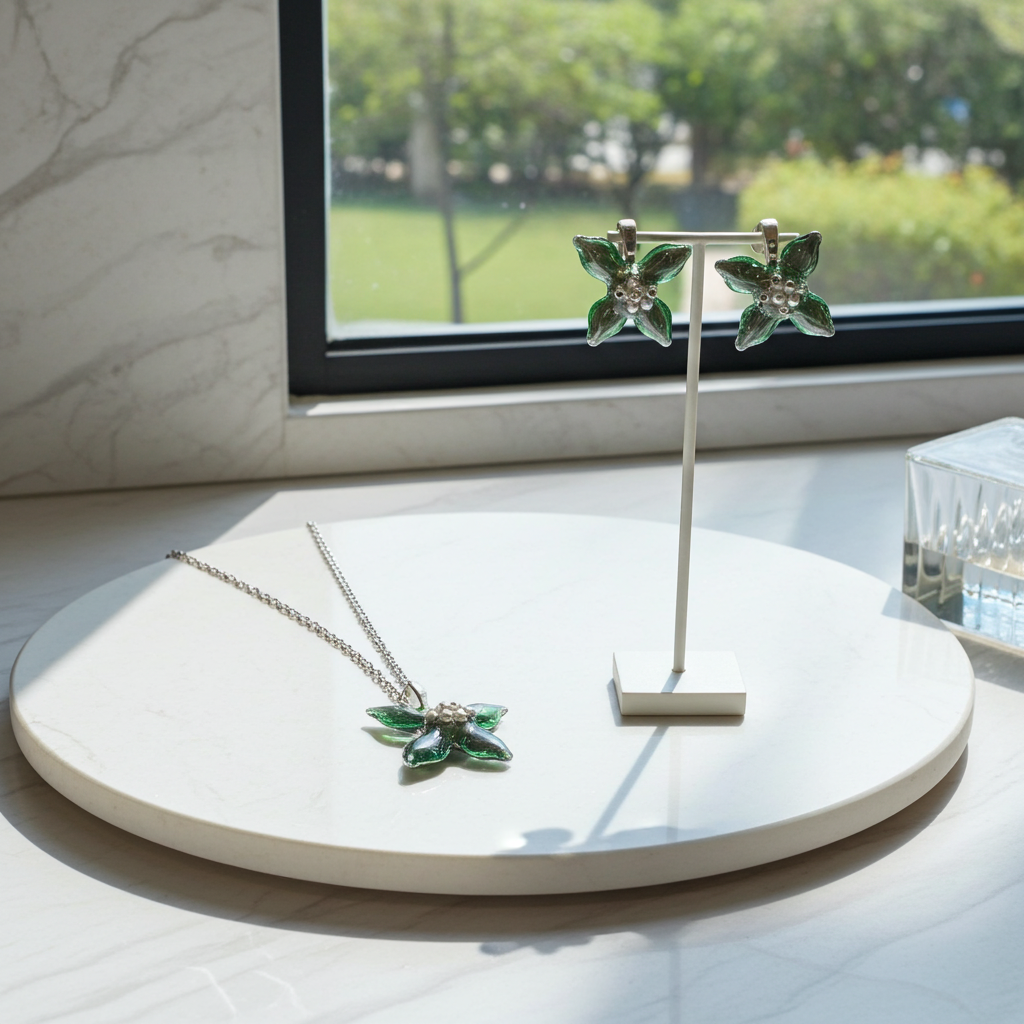 Emerald Bloom Resin Jewellery Set – Handcrafted Necklace, Earrings & Bracelet | Resin & Root