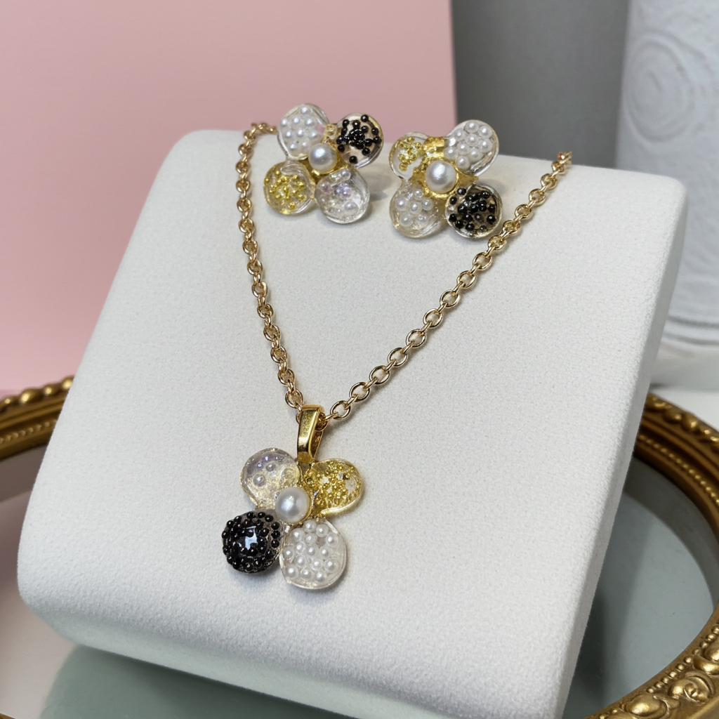 Handmade Pearl & Gold Floral Resin Necklace & Earrings Set | Resin & Root