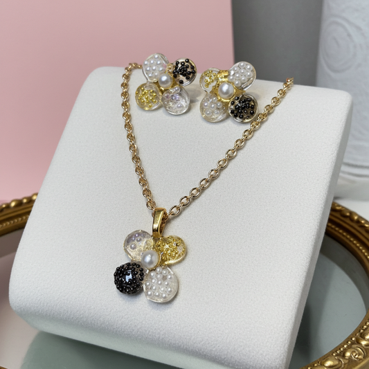 Handmade Pearl & Gold Floral Resin Necklace & Earrings Set | Resin & Root