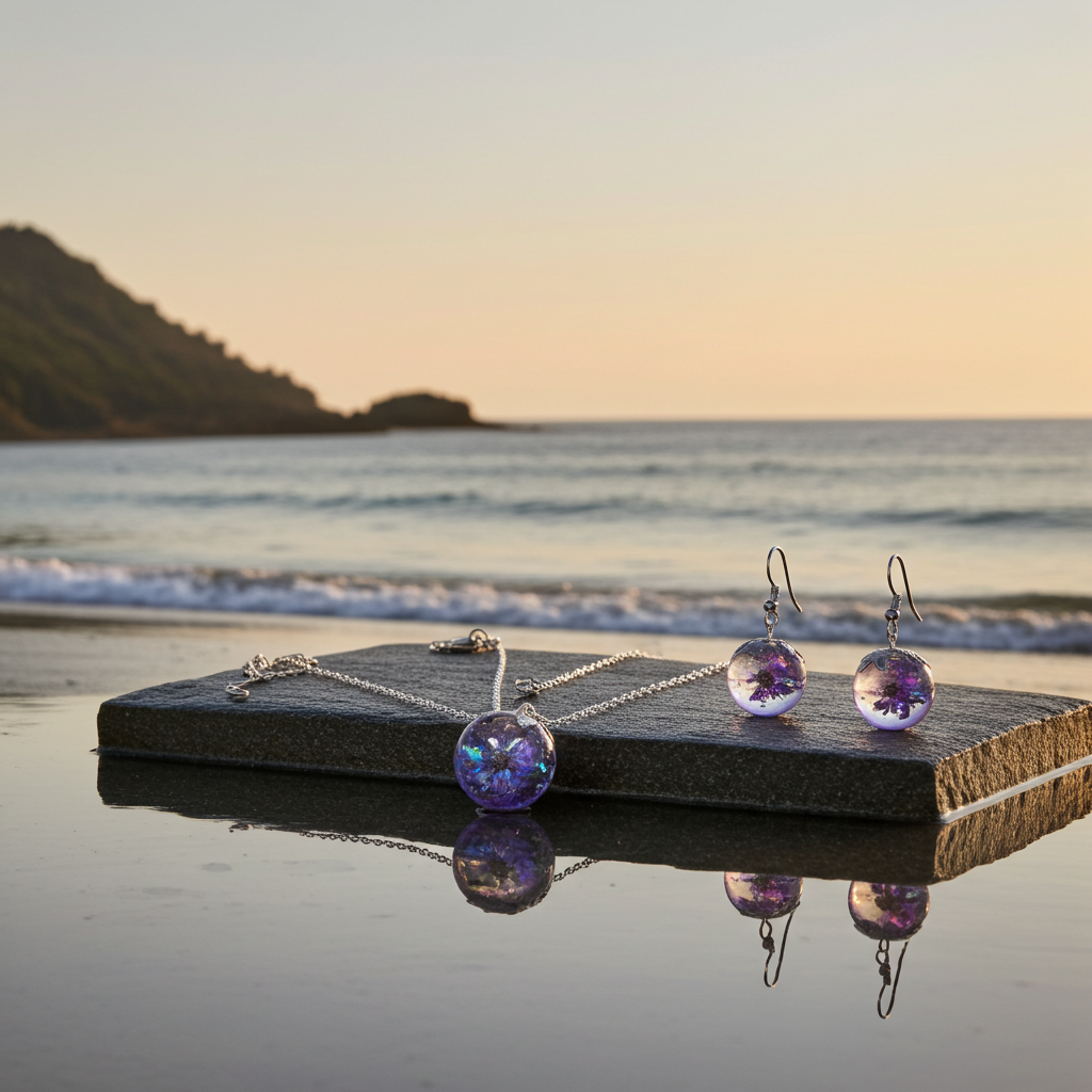Dreamy Orb Jewellery Set – Purple Floral Resin Necklace & Earrings