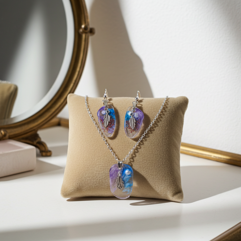 Feather Dream Resin Jewellery Set – Stainless Steel Earrings & Necklace