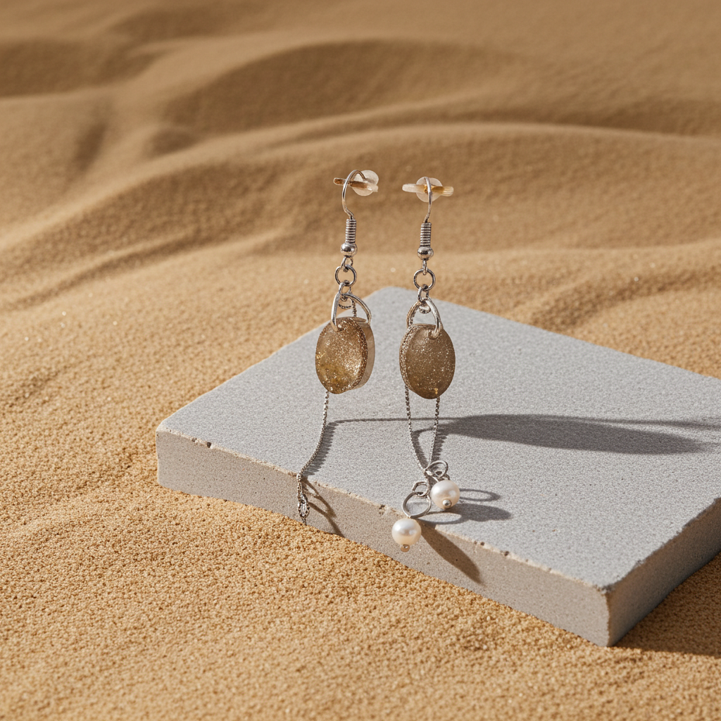 Golden Spark Dangle Earrings | Asymmetrical Design with Chain & Pearl | ResinDre