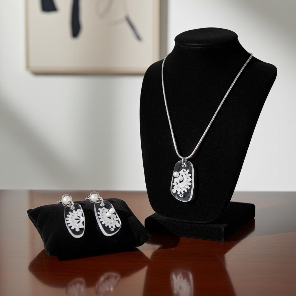 White Lace & Pearl Resin Jewellery Set – Stainless Steel Earrings & Necklace
